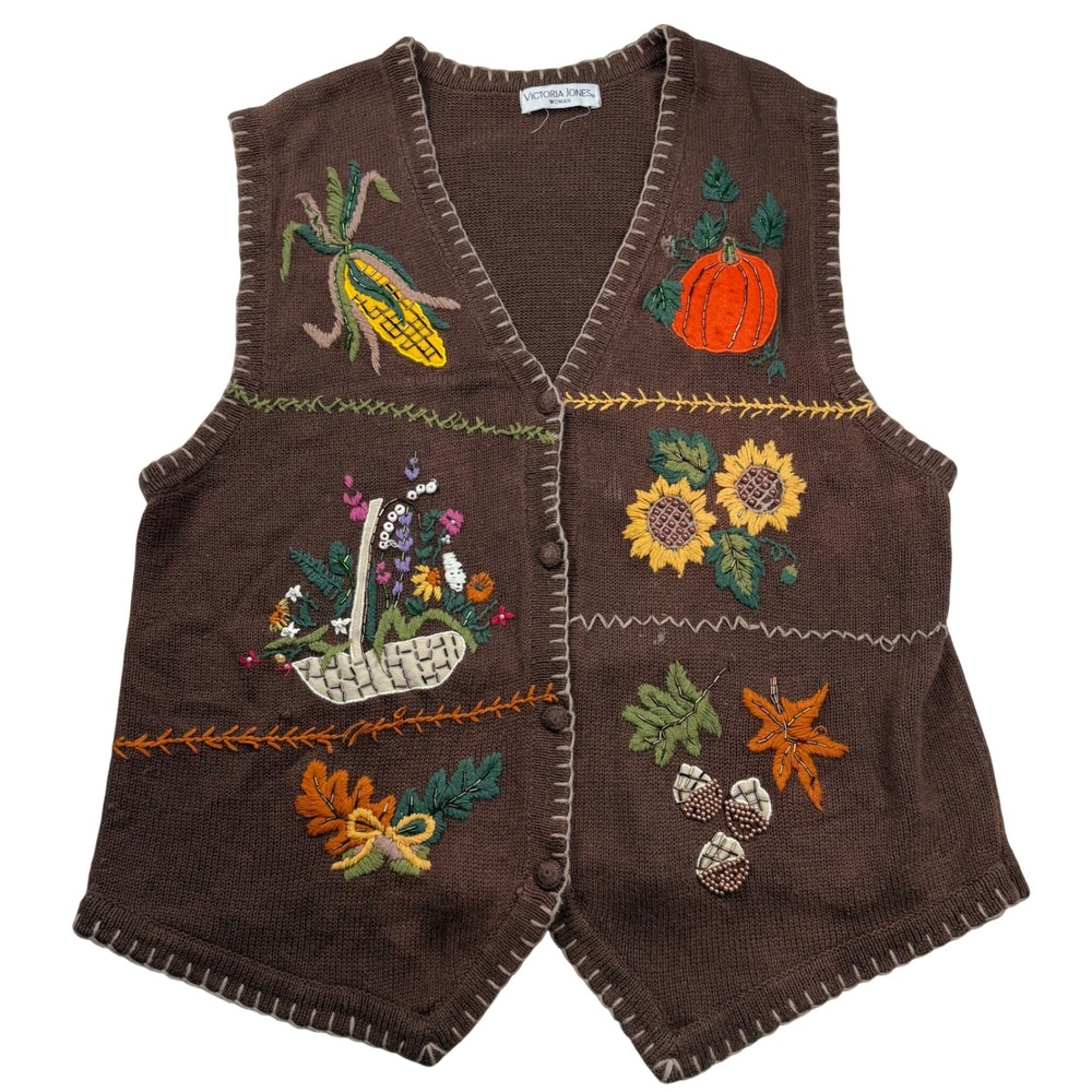Vintage Victoria Jones Brown Fall Embroidered Beaded Sweater Vest Pumpkin L